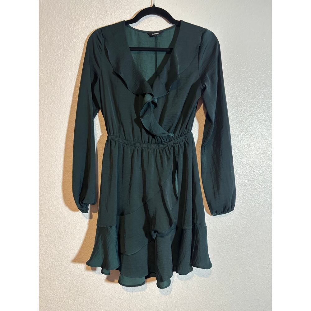 Express Womens Size XS Faux Wrap V-Neck Long Sleeve Fit & Flare Dress Green Mini